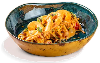 Fettuccine com camarões ao limão, como servido na casa