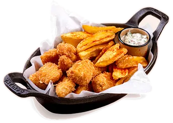 Fish and chips, como servido na casa