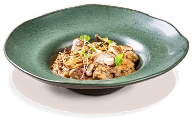 Risotto de mignon e cogumelos, como servido na casa
